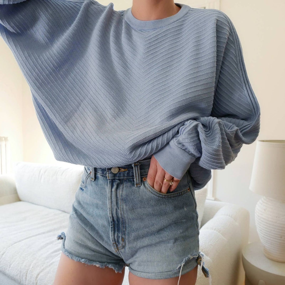 Blue Cotton Sweater Vintage Chevron Textured Knit Crewneck Pullover ...