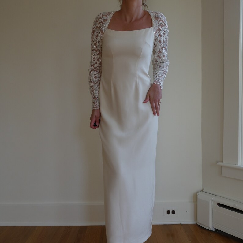 Ivory Silk Wedding Dress 80s Vintage Lace Long Sleeves Sheath Column ...