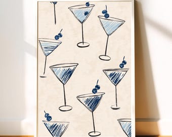 Blue Martini Cocktail Print | Sketch Style Bar Art (Digital Download)
