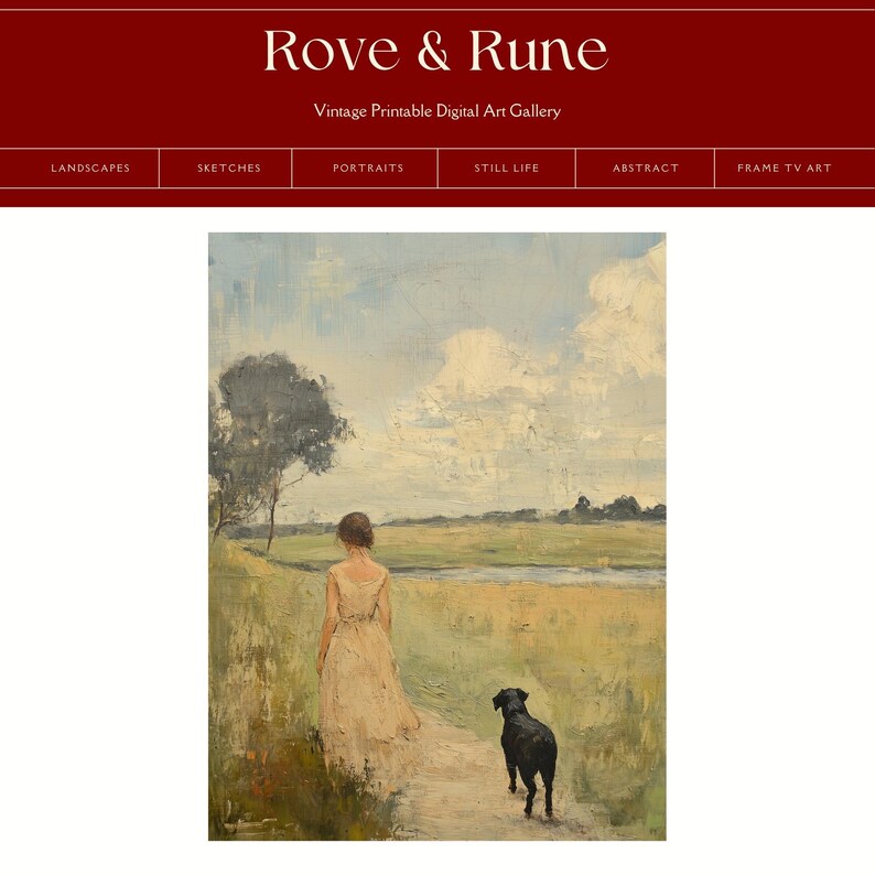 May include: A vintage oil painting depicting a woman in a white dress walking with a black dog on a path through a field. The sky is blue with white clouds.