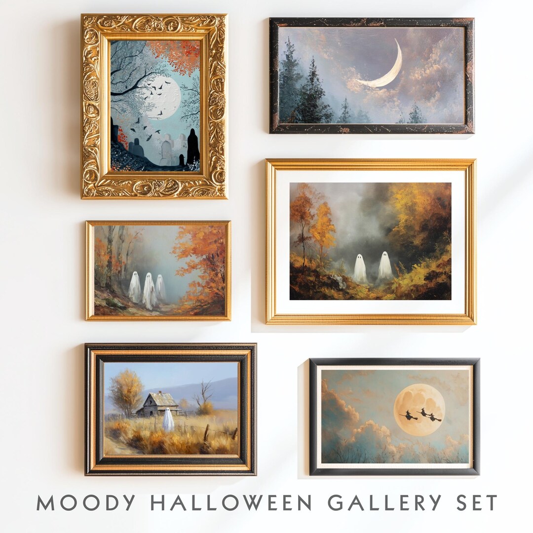Moody Halloween Gallery Wall Art Set: Ghost, Moon, Autumn Landscape ...