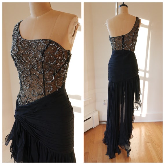 Black Silk Salsa Dress Y2k Vintage Beaded Sheer P… - image 2