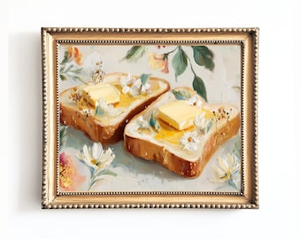 Lámina artística "Tostada con mantequilla y flores": Decoración de cocina original (Descarga digital)