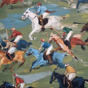Puede incluir: Una pintura al &oacute;leo representa un partido de polo en curso. La obra presenta m&uacute;ltiples caballos y jinetes en acci&oacute;n, representados con pinceladas visibles. Los jinetes visten atuendos coloridos y los caballos son de varios tonos. El fondo es una mezcla de verde y azul.