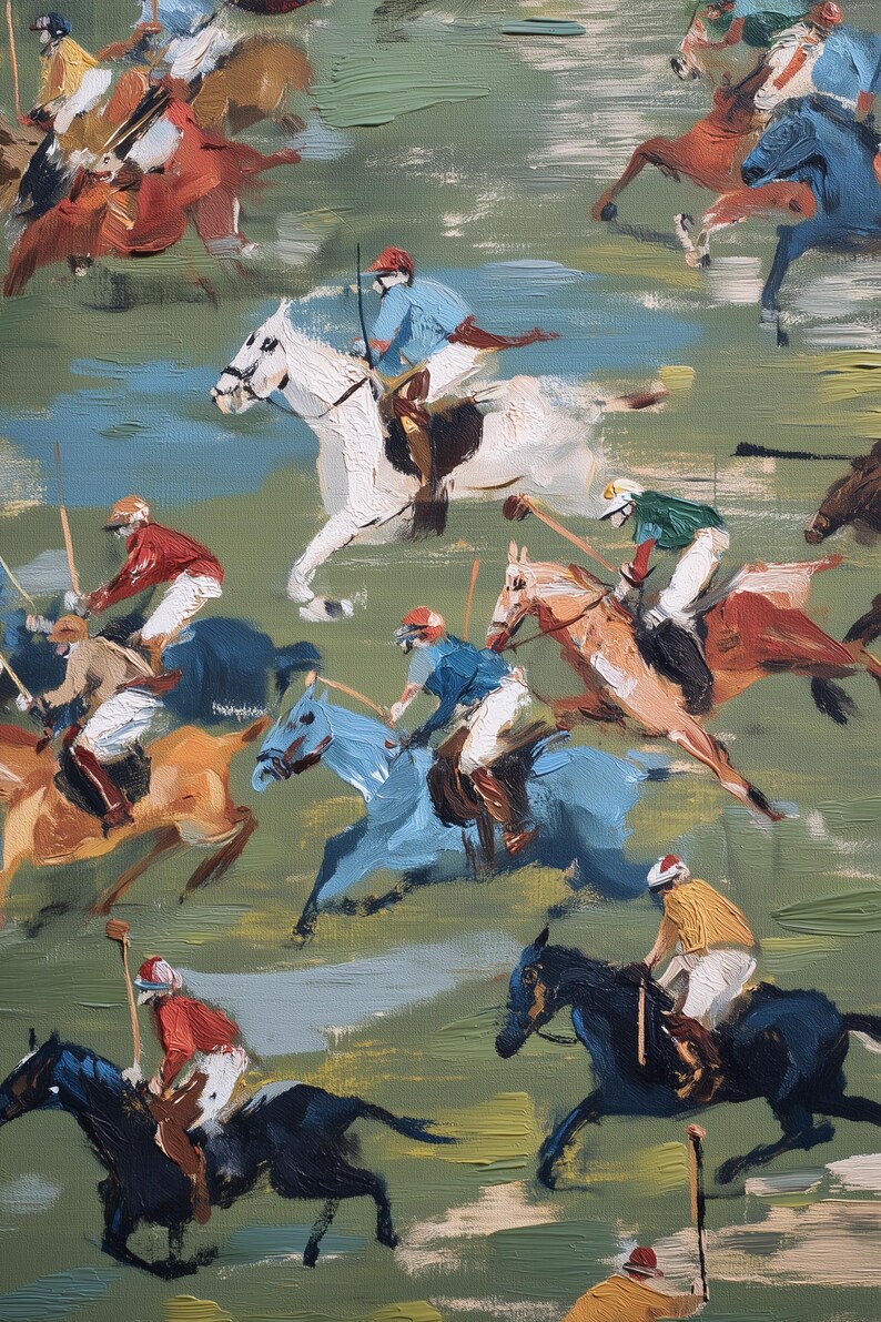 Puede incluir: Una pintura al &oacute;leo representa un partido de polo en curso. La obra presenta m&uacute;ltiples caballos y jinetes en acci&oacute;n, representados con pinceladas visibles. Los jinetes visten atuendos coloridos y los caballos son de varios tonos. El fondo es una mezcla de verde y azul.