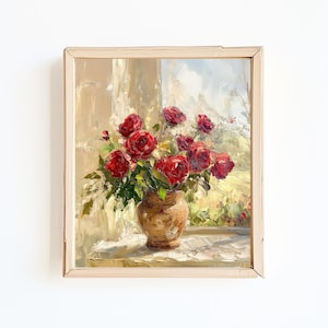 Red Roses Botanical Print: Vintage Cottagecore Floral Art (Digital Download