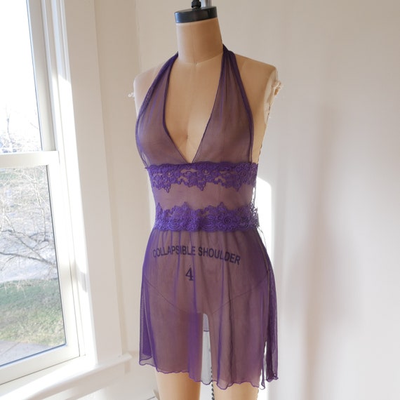 Sheer purple lingerie mesh & lace slip dress halt… - image 4