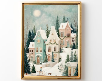Winter Village Painting | Christmas Town Art Print (Digital Download)