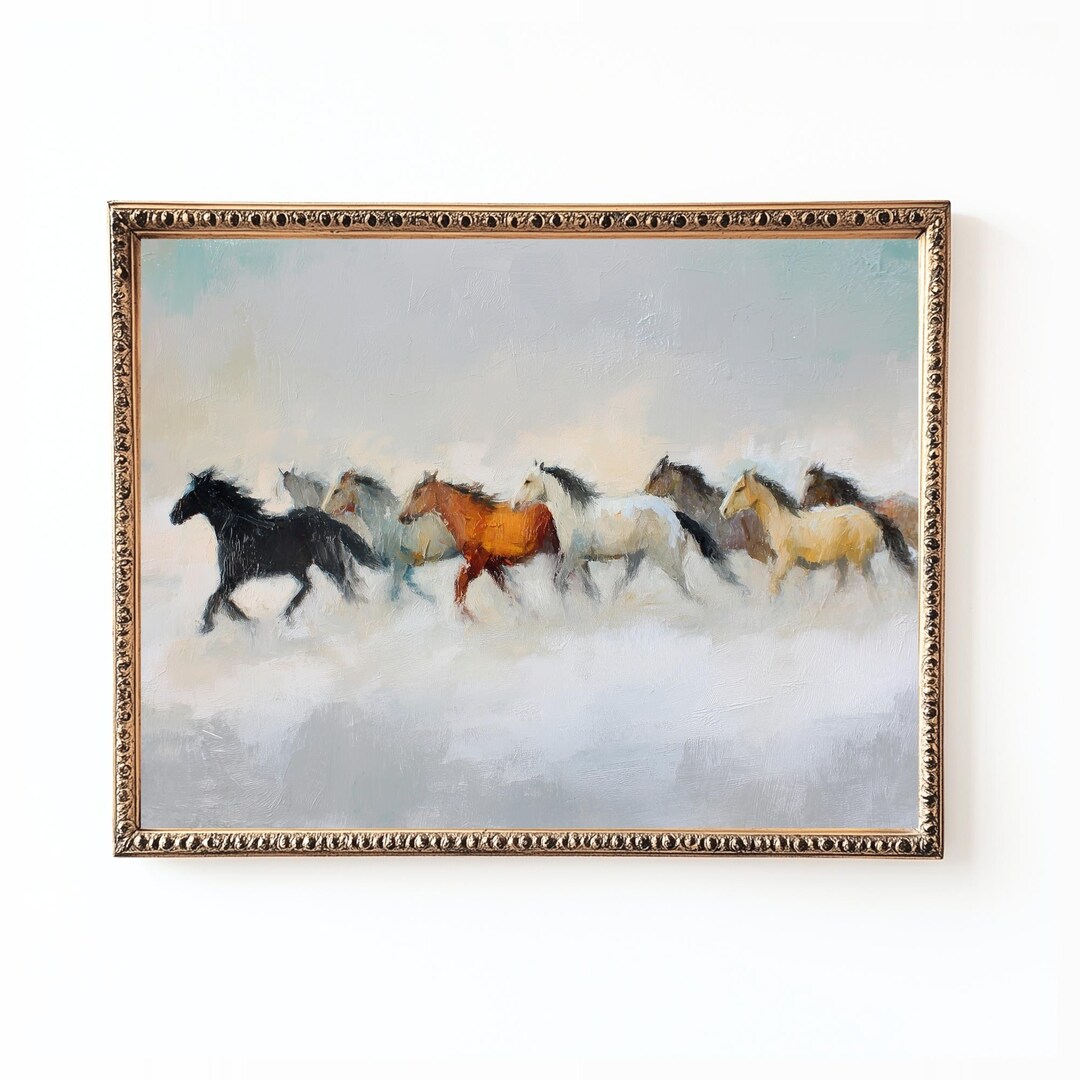 走る野生の馬の絵画：素朴な西部の乗馬アート（デジタルダウンロード