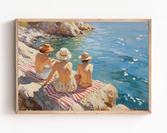 Impresión vintage de la Riviera Francesa: Paisaje marino costero de verano (descarga digital)