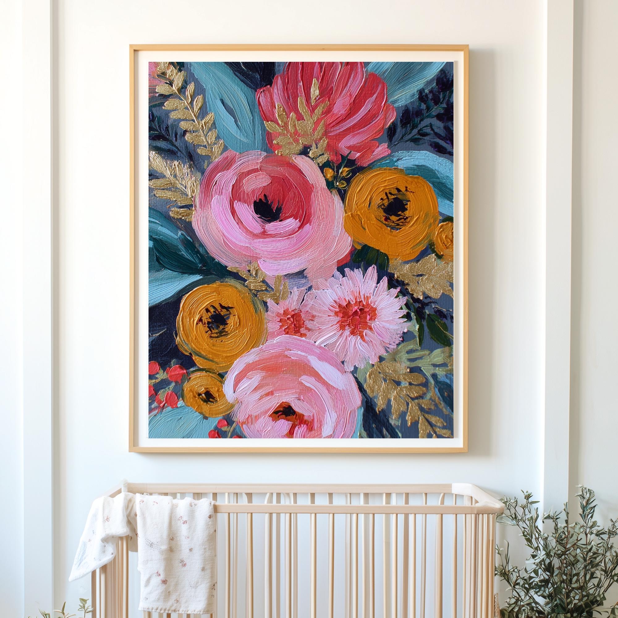 Pink Floral Wall Art: Bold Botanical Print, Modern Gold Accent