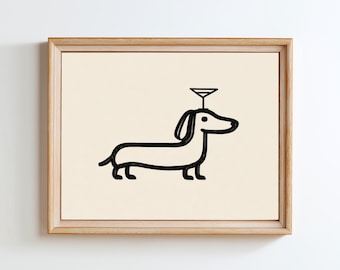 Fantazyjny wydruk artystyczny „Dachshund Martini”: dekoracja dla zabawnego miłośnika psów (pobranie cyfrowe)