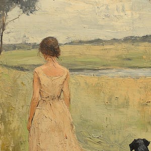 May include: A woman in a long, cream-colored dress walks away from the viewer, with a black dog following behind her. The scene is set in a field with a river in the distance, and the sky is a soft, muted blue.