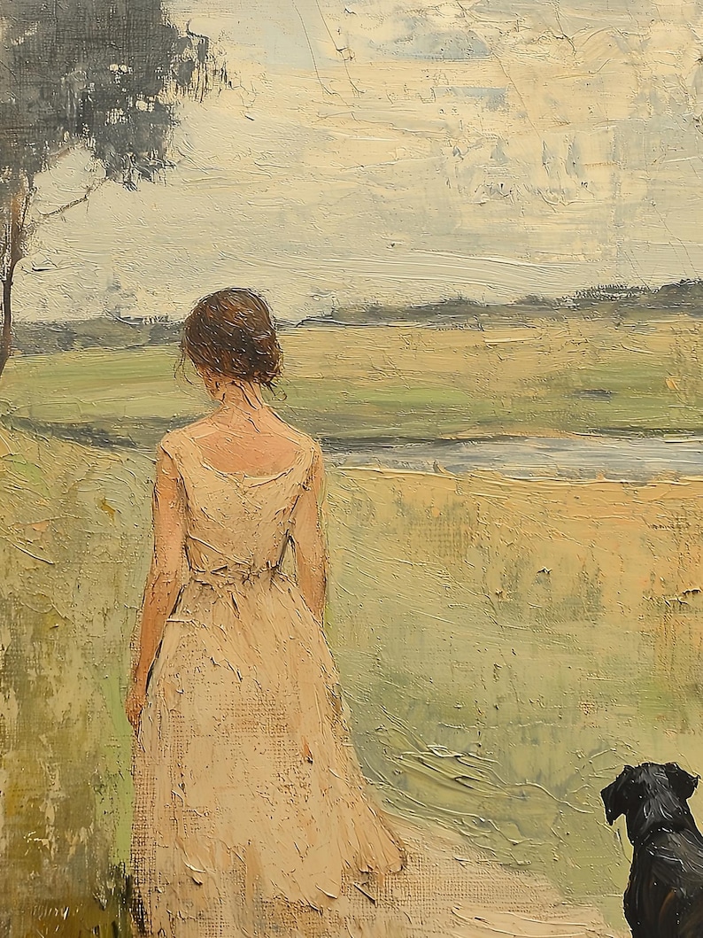 May include: A woman in a long, cream-colored dress walks away from the viewer, with a black dog following behind her. The scene is set in a field with a river in the distance, and the sky is a soft, muted blue.