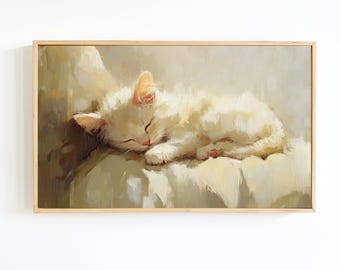 White Sleeping Kitten Pastel Cat Portrait: Dreamy Nursery Wall Art (Digital Download