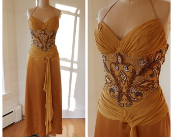 Beaded Halter Slip Dress Y2k Vintage Prom Silk & Satin Gown Boho Fairy-Core Bronze Semi-Sheer Unique Vintage