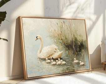 Swan Family Vintage Art Print: French Impressionist Nursery Decor (Digital Download)