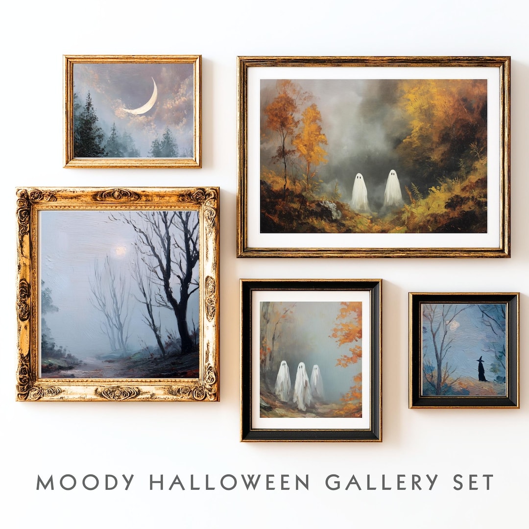 Moody Halloween Gallery Wall Art Set: Ghost, Moon, Forest (digital ...