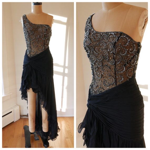 Black Silk Salsa Dress Y2k Vintage Beaded Sheer P… - image 1