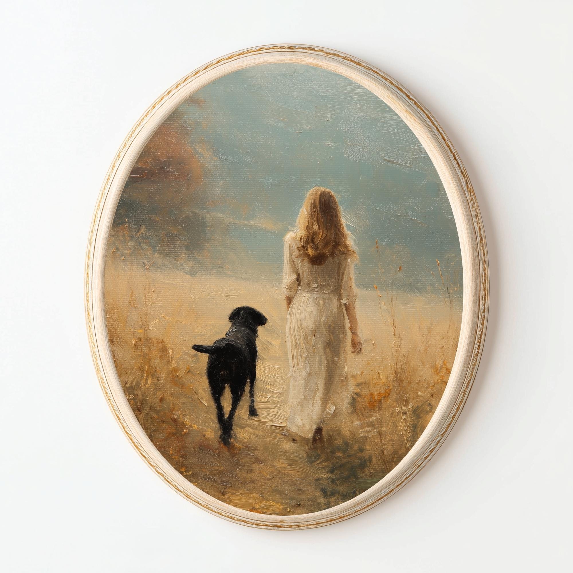 少女と犬の田舎散歩アートプリント｜ロマンティックな風景油絵｜ソフト