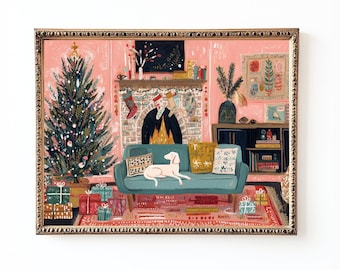 May include: A framed illustration of a cozy living room decorated for Christmas. The artwork features a Christmas tree, fireplace, presents, and a dog on a teal sofa. The room is painted in shades of pink, green, and gold.