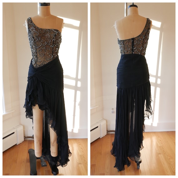 Black Silk Salsa Dress Y2k Vintage Beaded Sheer P… - image 10