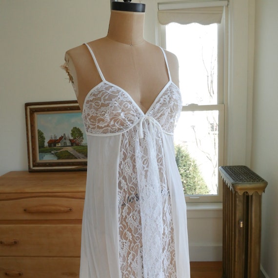 White lace slip dress vintage nylon & lace long m… - image 6