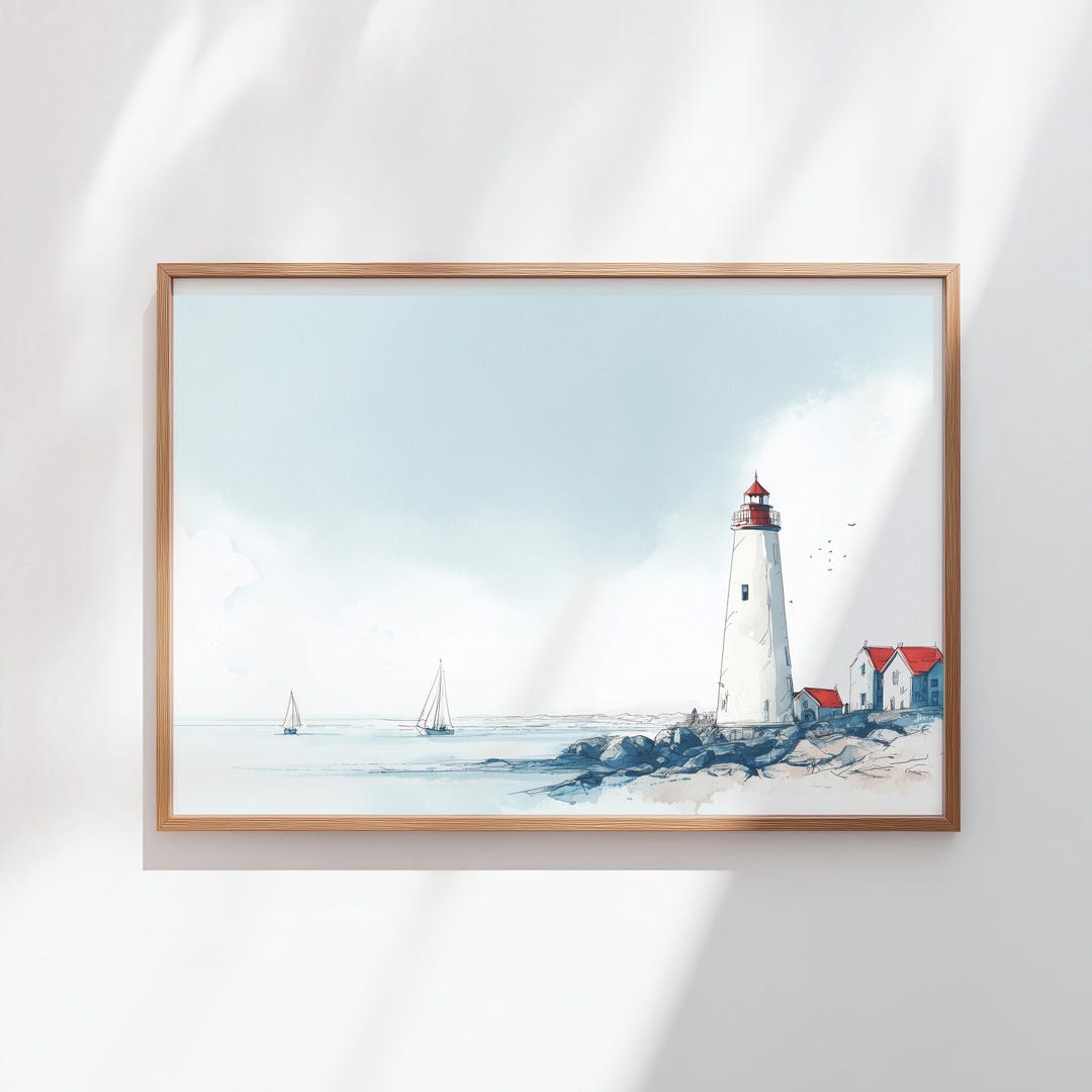 Lighthouse Coastal Wall Art – Minimal Seaside Landscape Print (digital ...
