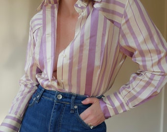 silk striped blouse button up collared shirt white & purple strip by LiLiU size medium