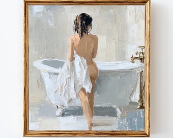 Stampa artistica "Donna accanto alla vasca da bagno": decorazione minimalista e neutra per il bagno (download digitale)