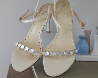 ivory strappy heels | y2k vintage bcbg ankle strap jeweled heel sandals leather & satin 8