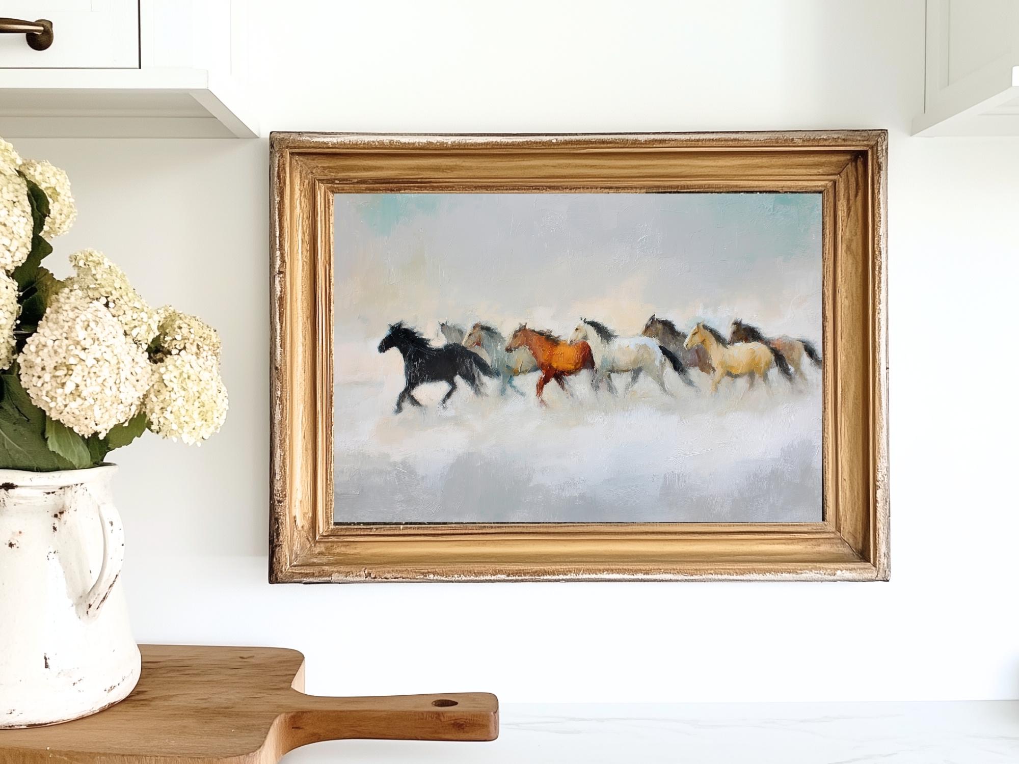 走る野生の馬の絵画：素朴な西部の乗馬アート（デジタルダウンロード