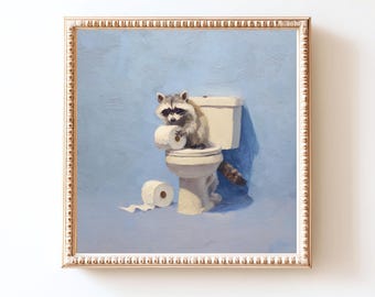おもしろいアライグマのバスルームアートプリント｜気まぐれなトイレの装飾（デジタルダウンロード）