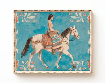Lámina artística de una mujer a caballo: Decoración del hogar estilo western (descarga digital)