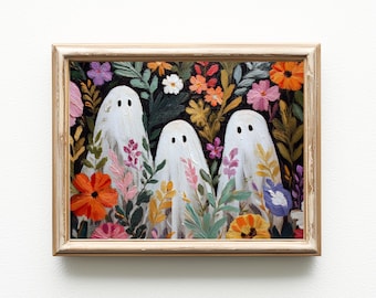 Floral Ghost Halloween Print: Vintage Folk Art Fall Decor (Digital Download)