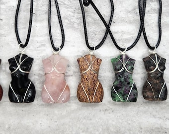 Silver Colored Wire Wrapped Goddess Lady Body Natural Crystal Pendant with Cord Necklace