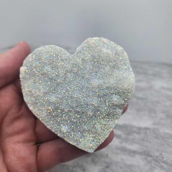 Super Sparkly Heart Shaped Natural Crystal Cluster with Angel Aura Rainbow Titanium Coating - Super Druzy #123