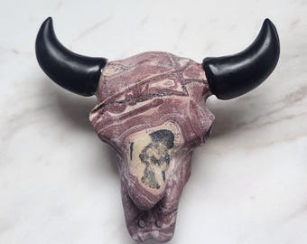 Beautiful Jasper & Black Obsidian Longhorn Skull Natural Crystal Carving