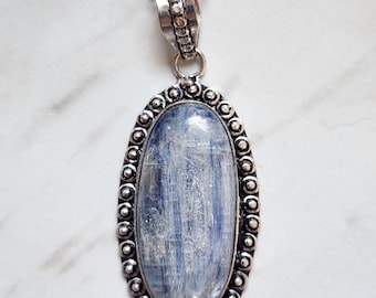 Oval Blue Kyanite Pendant .925 Sterling Silver Plated w/ Chain Necklace (AP-62334)