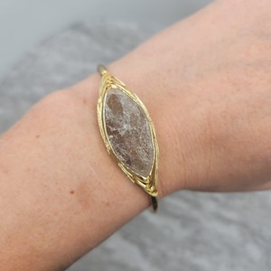 Smokey Quartz Crystal Oval Shaped Gemstone Wire Wrapped Cuff Gold Colored Bracelet