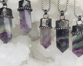 LESS THAN PERFECT Rainbow Fluorite Tower Crystal Point Chunky Soldered Pendant with Necklace - Witch Necklace / Jewelry