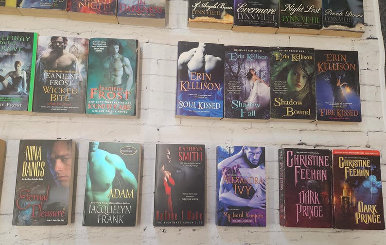 May include: A shelf filled with paperback books, mostly romance novels. The books have titles like "Wicked Bite", "Soul Kissed", "Shadow Fall", "Fire Kissed", "Dark Prince", and "My Lord Vampire".