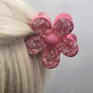 Pink Flower Hair Clip with Natural Rose Quartz Crystal Chips - Custom Made