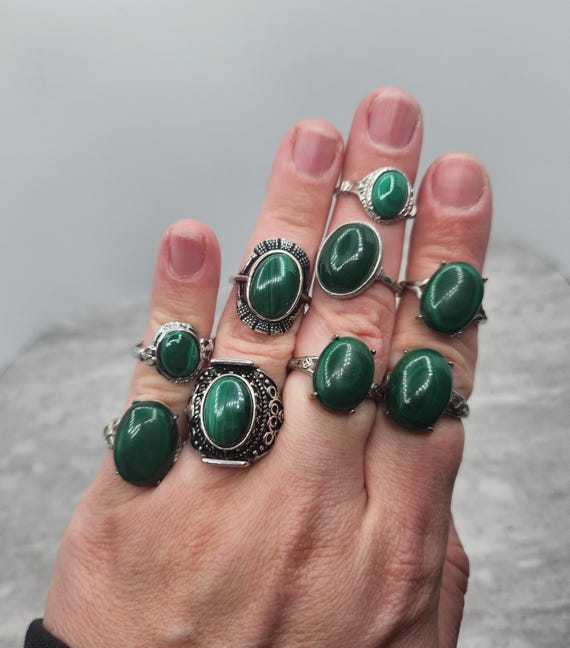 Authentic Malachite Natural Crystal Gemstone Adjustable Copper Ring - You Pick