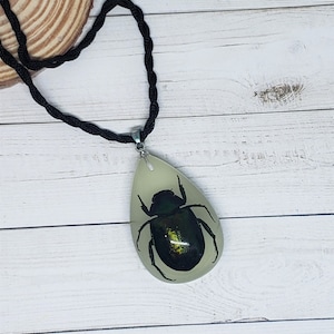 Tear Drop Shaped Resin Casted Real Beetle Pendant with Chord Necklace Glow in the Dark image 1