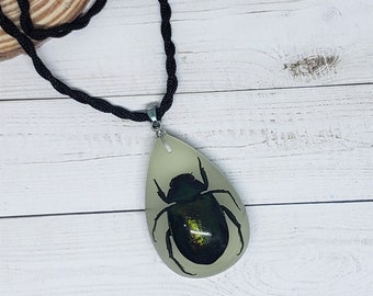 Tear Drop Shaped Resin Casted Real Beetle Pendant with Chord Necklace- Glow in the Dark