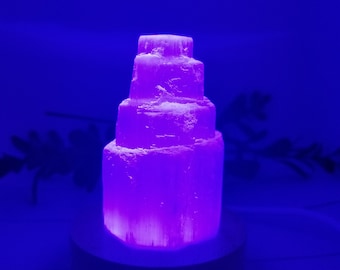 Small Carved Selenite (satin spar) Crystal Tower with Bamboo USB Rainbow Color Changing Light Base - Night Light Lamp Décor #4581