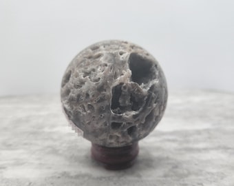 Sphalerite Natural Crystal Sphere with Druzy - Wooden Stand - 60mm