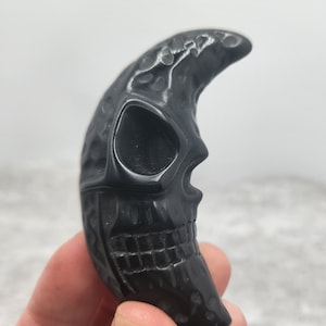 Black Obsidian Crescent Moon Natural Crystal Carving with Skeleton Spooky Face #4581