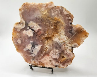 11.9 ounces Pink Amethyst Flower Agate Druzy Slab w/ Metal Stand - Small Druzy Center #4581